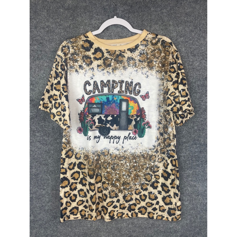 Graphic Tee Shirt & Hat Women's XL Tan Leopard Camping Is My Happy Place - Picture 2 of 13